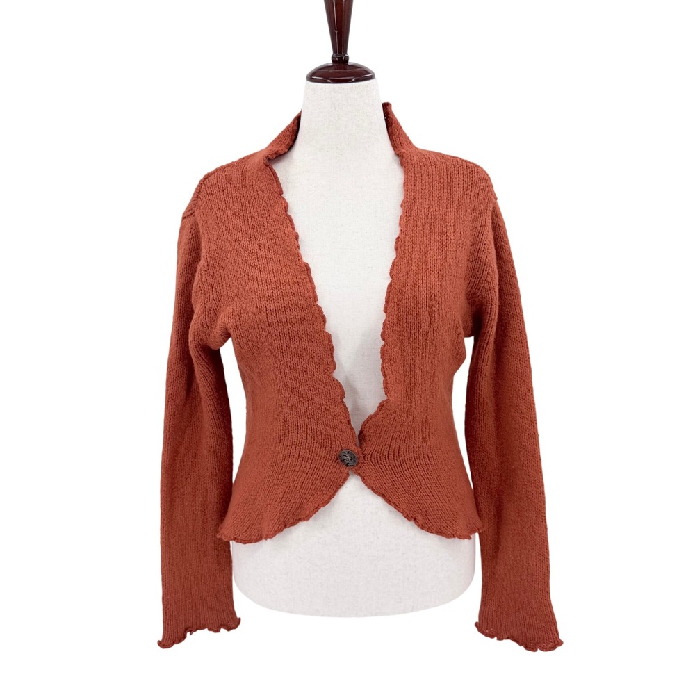 Rust Burnt Orange Wool Blend Chunky Knit Cardigan Scalloped Lettuce Edge M‎ L